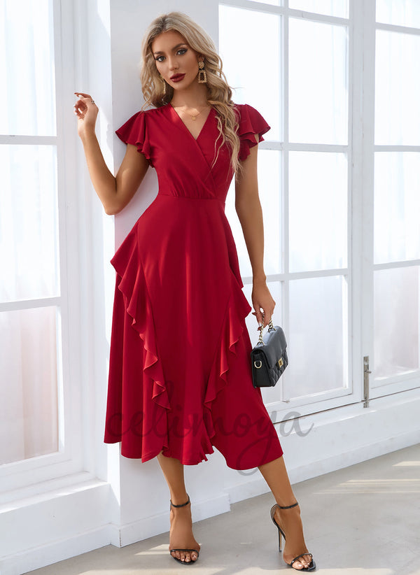 Cascading Ruffles V-Neck Elegant A-line Cotton Blends Midi Dresses - 288445