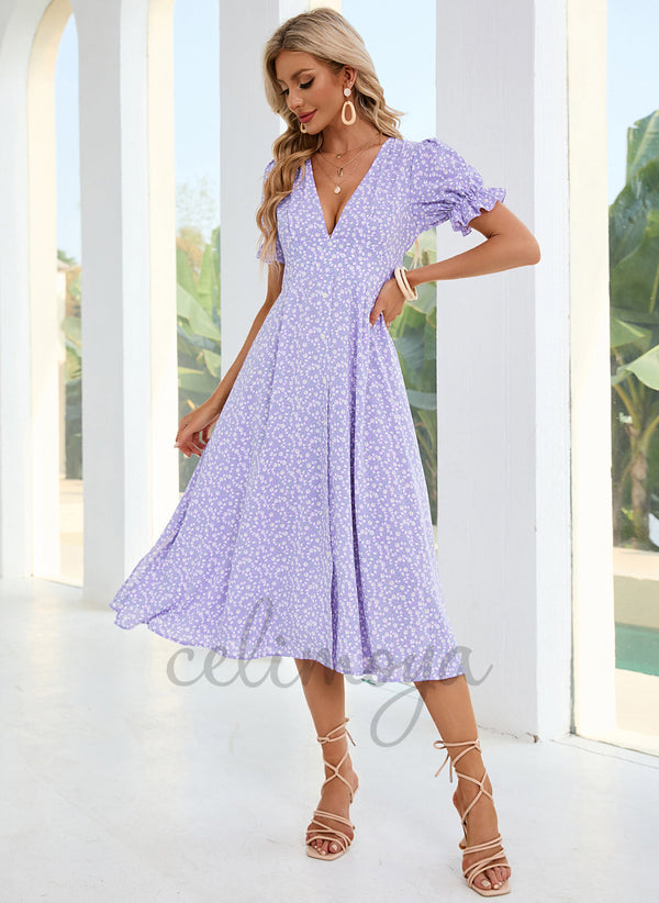 Floral Print V-Neck Vacation A-line Polyester Midi Dresses - 289514