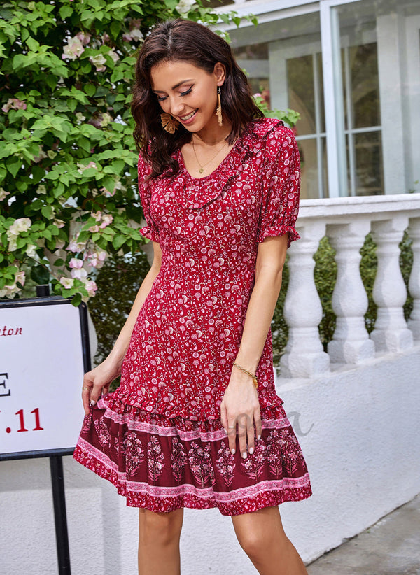 Mini robes en rayonne à imprimé floral et col en V pour les vacances - 290147