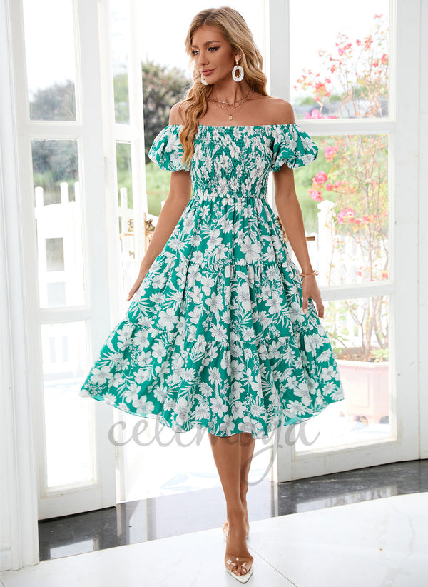 Floral Print Off the Shoulder Vacation A-line Polyester Midi Dresses - 291715