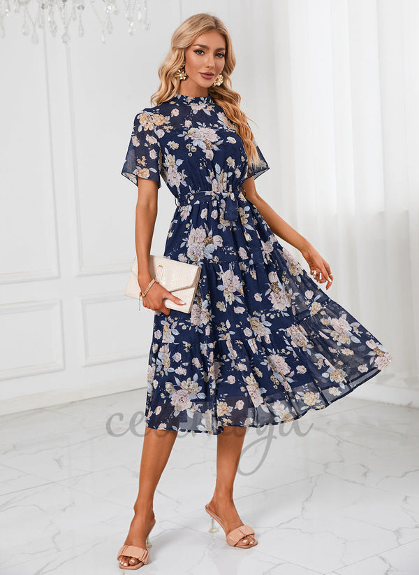 Floral Print High Neck Elegant A-line Chiffon Midi Dresses - 293659