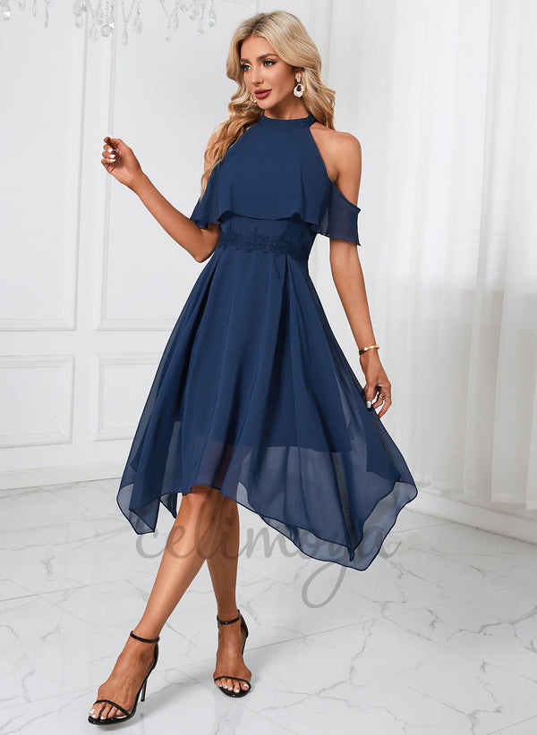 Appliques Lace Off the Shoulder Elegant A-line Chiffon Asymmetrical Dresses - 294358
