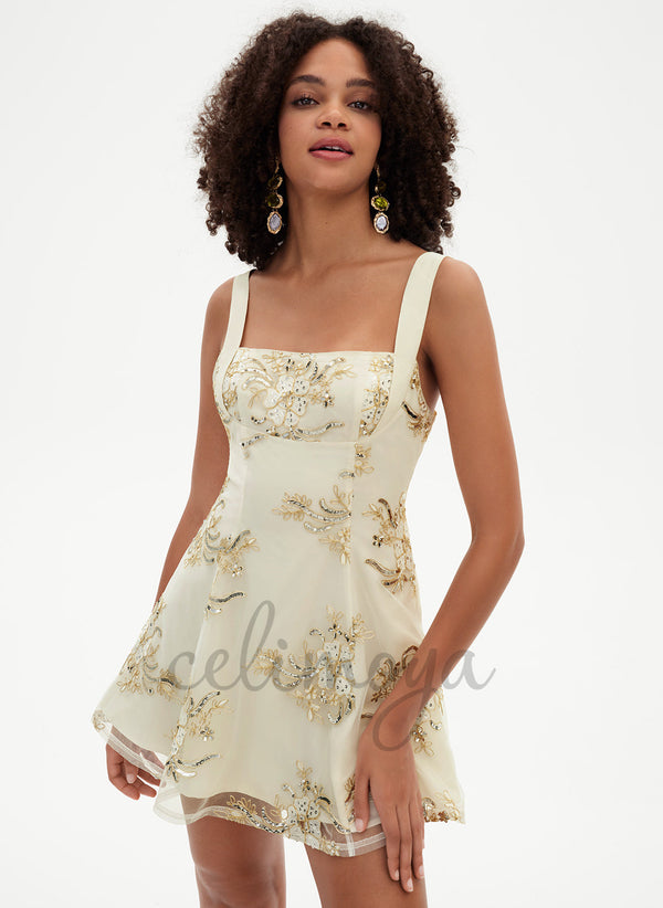 A-line Square Short/Mini Lace Dress With Sequins - 294689