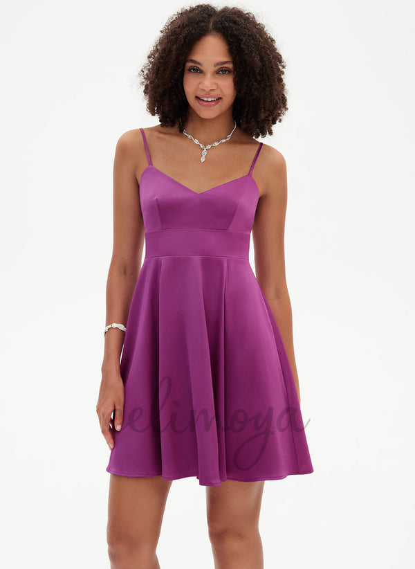 A-line V-Neck Short/Mini Silky Satin Dress With Bow - 294702