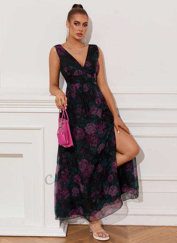 Floral Print V-Neck Elegant A-line Organza Maxi Dresses - 295081