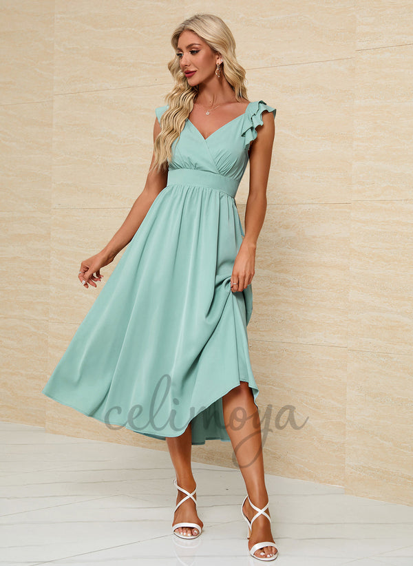 Ruffle V-Neck Elegant A-line Polyester Midi Dresses - 295084