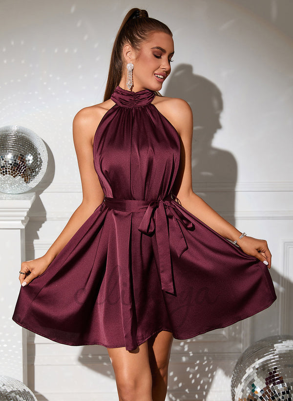 Ruffle High Neck Elegant A-line Satin Short/Mini Dresses - 295086