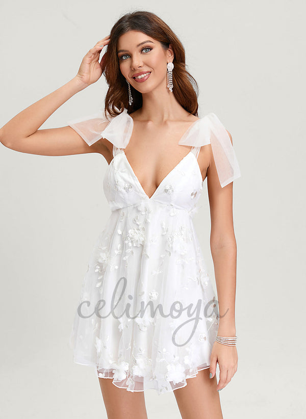A-line V-Neck Short/Mini Lace Tulle Dress With Bow - 295286