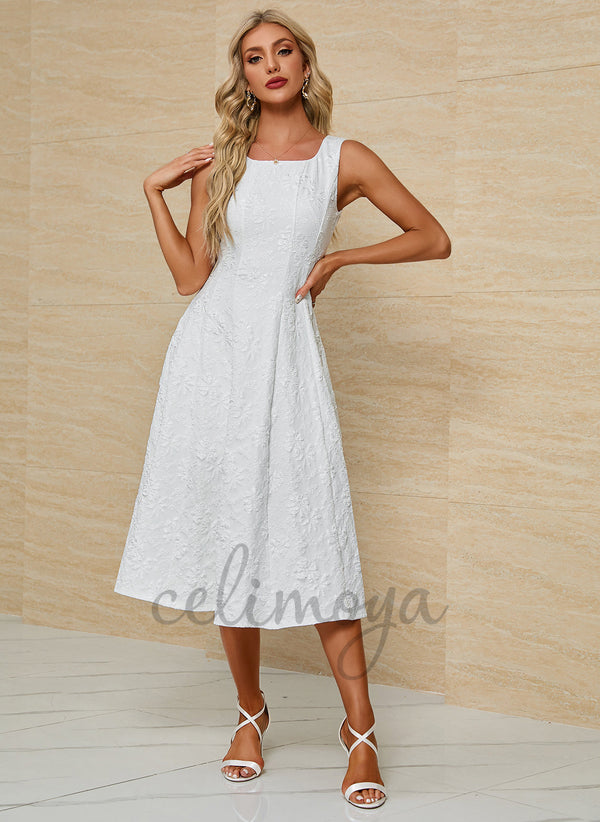 Flower Jacquard Square Elegant A-line Polyester Midi Dresses - 299901