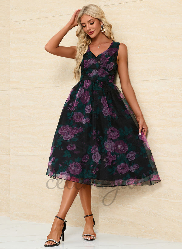 Floral Print Sweetheart Elegant A-line Organza Midi Dresses - 299916