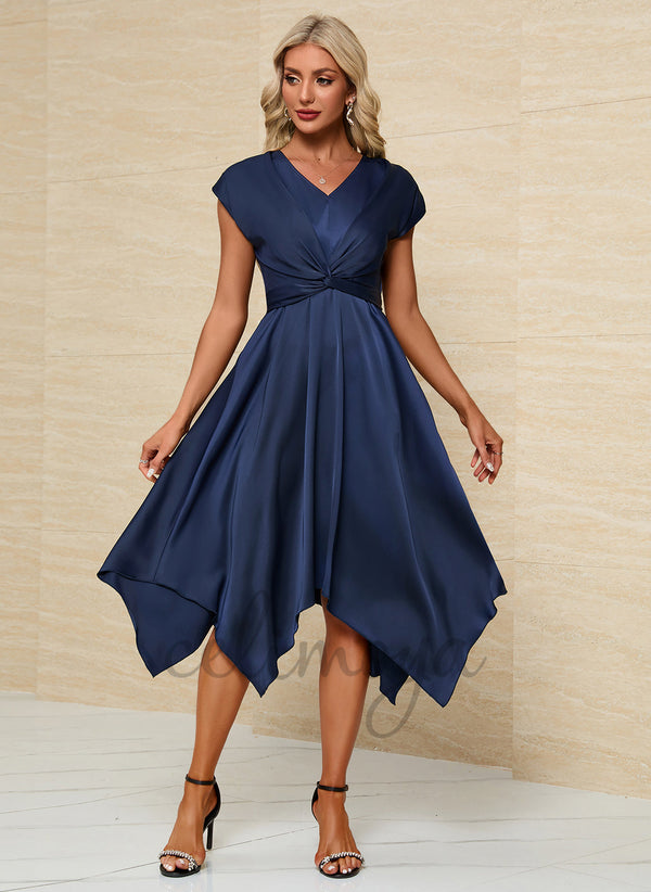 Bow V-Neck Elegant A-line Satin Asymmetrical Dresses - 299920