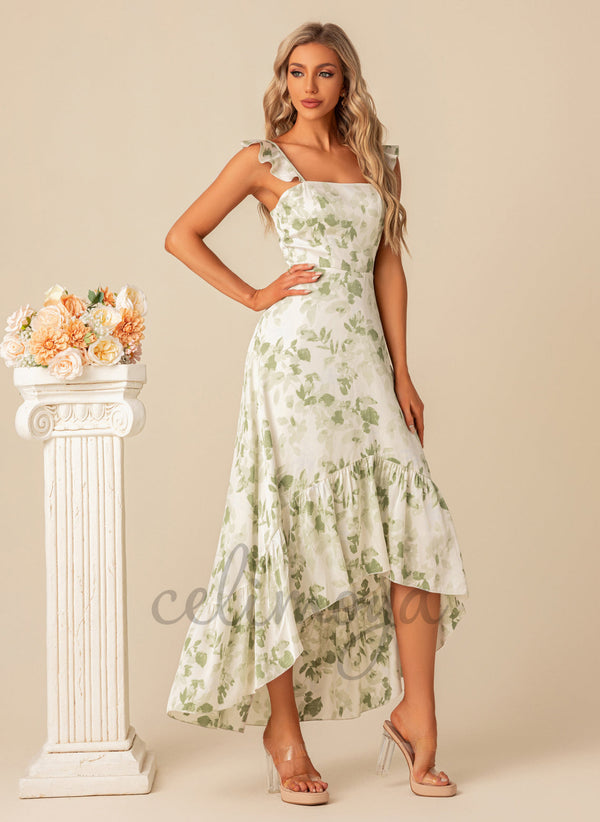 Ruffle Floral Print Straight Elegant A-line Satin Asymmetrical Dresses - 300356