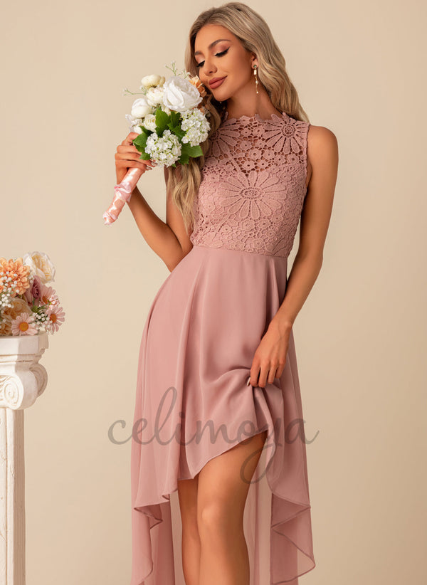 Flower Jacquard High Neck Elegant A-line Chiffon Lace Asymmetrical Dresses - 300357
