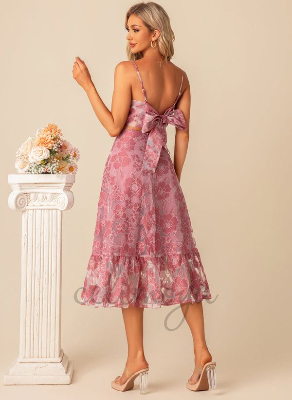 Bow Floral Print Sweetheart Elegant A-line Separates Polyester Midi Dresses - 300359