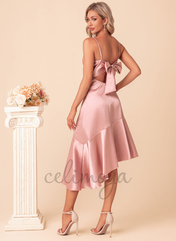 Bow Ruffle Cowl Elegant A-line Satin Asymmetrical Dresses - 300365