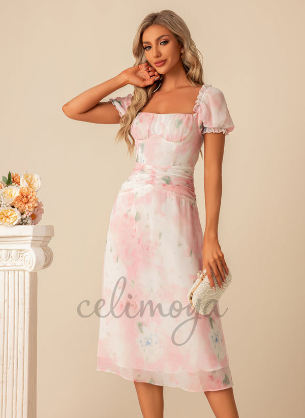 Floral Print Square Elegant A-line Chiffon Midi Dresses - 300367