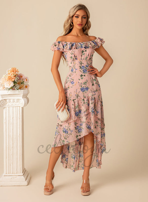 Ruffle Floral Print Scoop Straight Elegant Trumpet/Mermaid Chiffon Asymmetrical Dresses - 300368