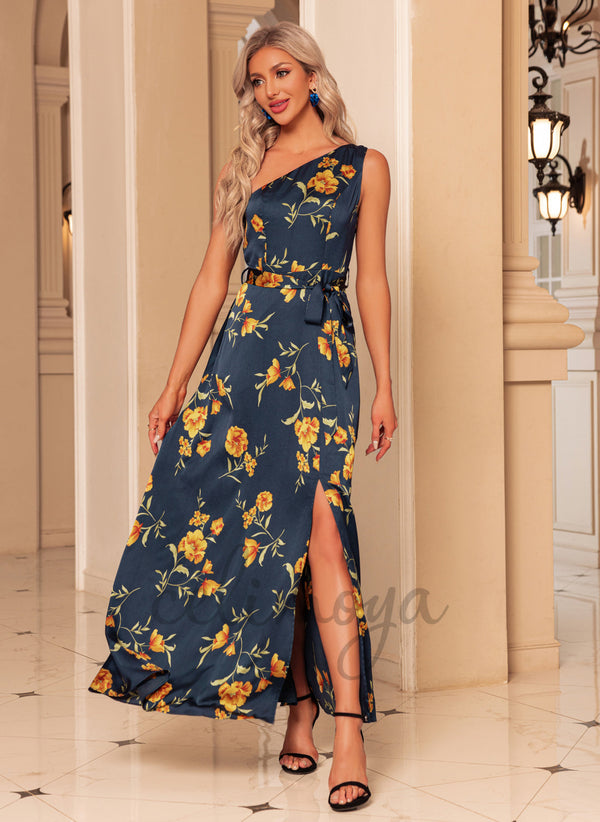 Floral Print One Shoulder Elegant A-line Satin Maxi Dresses - 300369