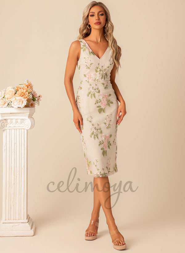 Flower V-Neck Elegant Sheath/Column Tulle Midi Dresses - 300948