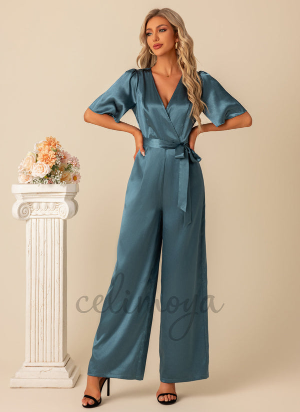 V-Neck Elegant Jumpsuit/Pantsuit Satin Maxi Dresses - 300949