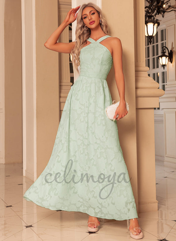 Flower Jacquard Halter Elegant A-line Chiffon Maxi Dresses - 300951