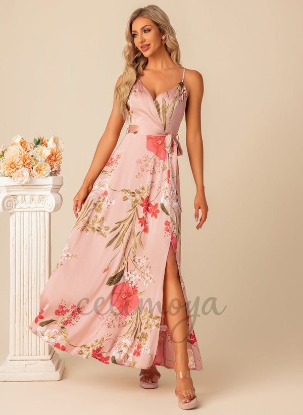 Floral Print V-Neck Elegant A-line Satin Maxi Dresses - 300953