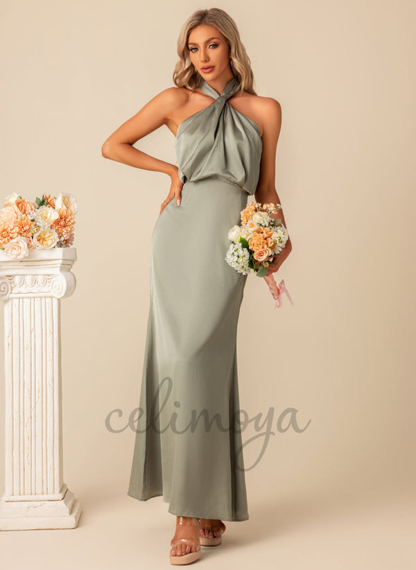 Halter Elegant A-line Satin Maxi Dresses - 300954