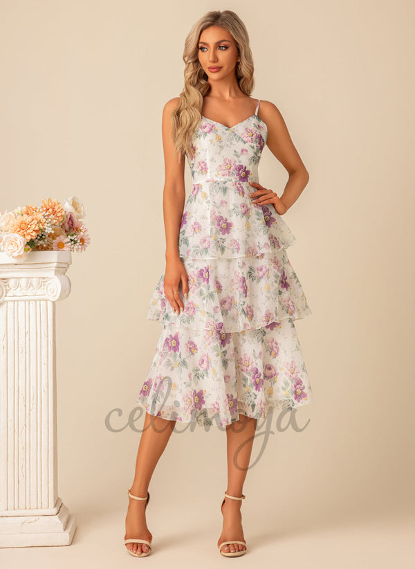 Cascading Ruffles Floral Print V-Neck Elegant A-line Chiffon Midi Dresses - 300956
