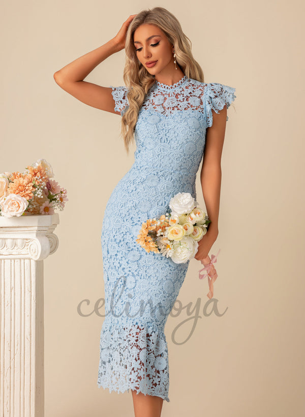Flower Jacquard High Neck Elegant Sheath/Column Lace Midi Dresses - 300958