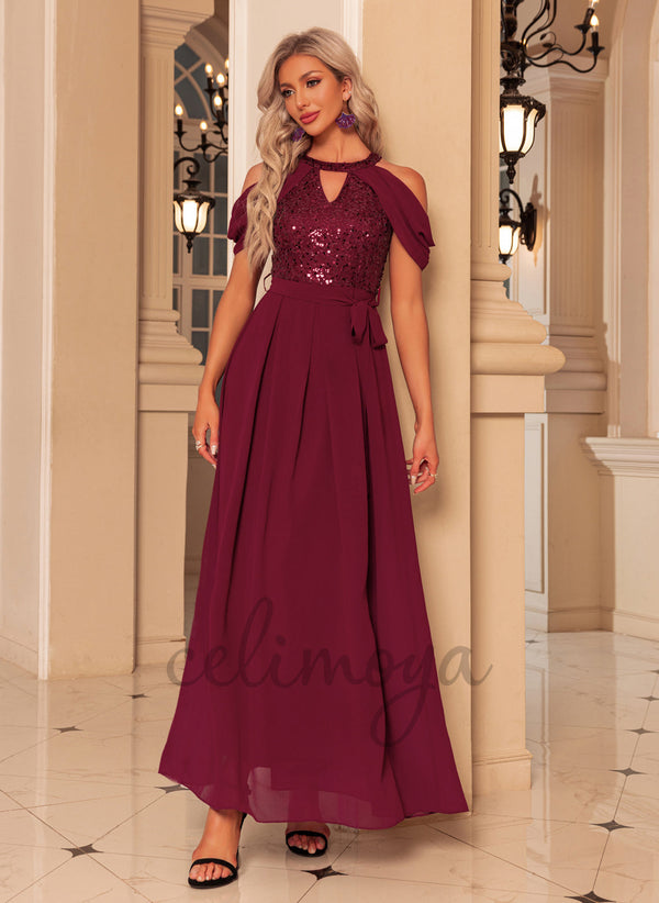 Halter Elegant A-line Chiffon Sequin Maxi Dresses - 301074