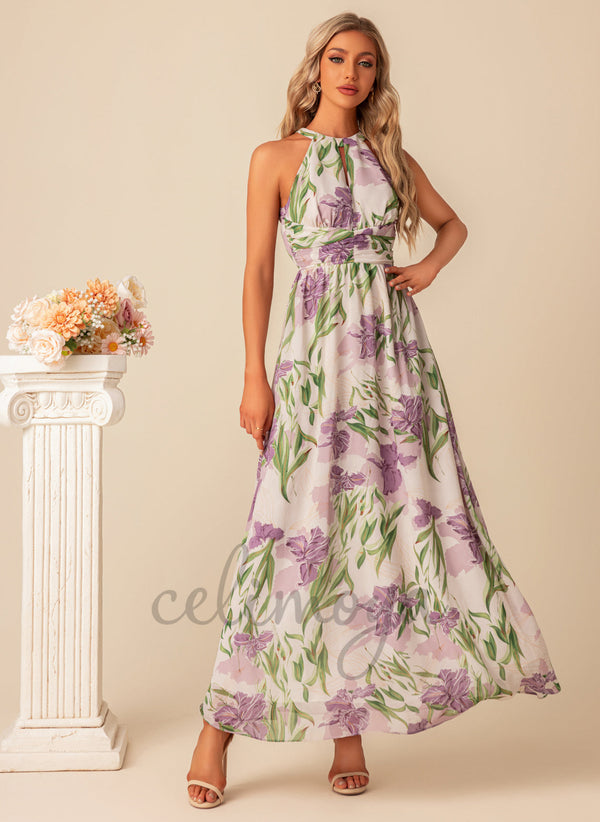 Robes longues en mousseline de soie trapèze élégantes à imprimé floral - 301079