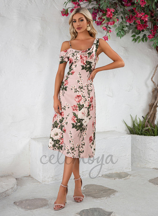 Floral Print Cowl Vacation A-line Satin Midi Dresses - 301272