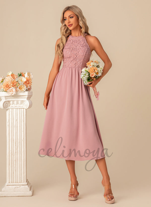 Halter Elegant A-line Lace Polyester Midi Dresses - 301277