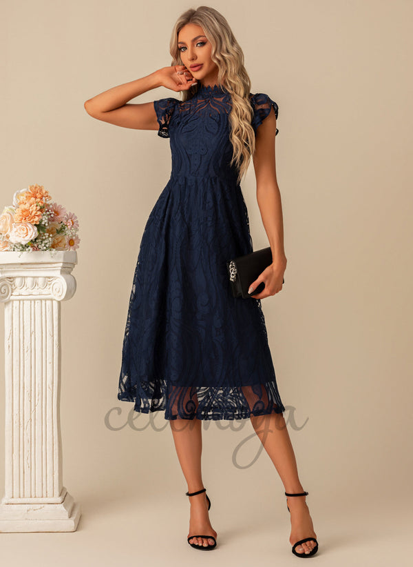 Ruffle High Neck Illusion Elegant A-line Lace Midi Dresses - 301279