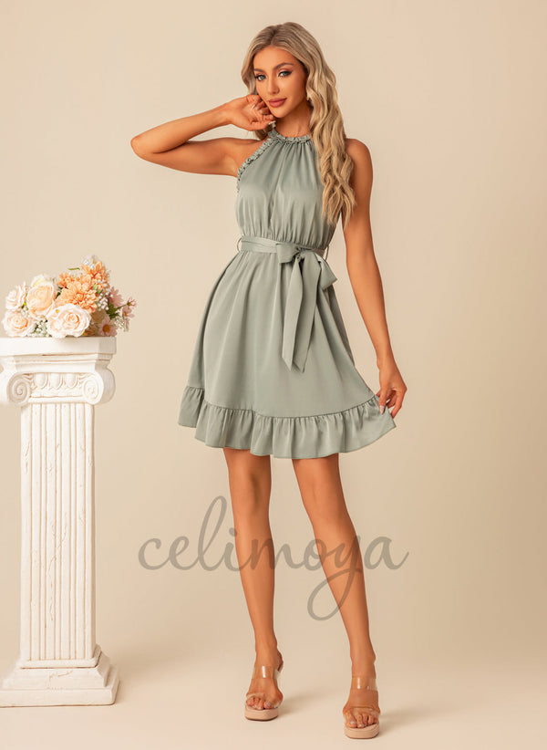Ruffle Halter Elegant A-line Satin Mini Dresses - 301282