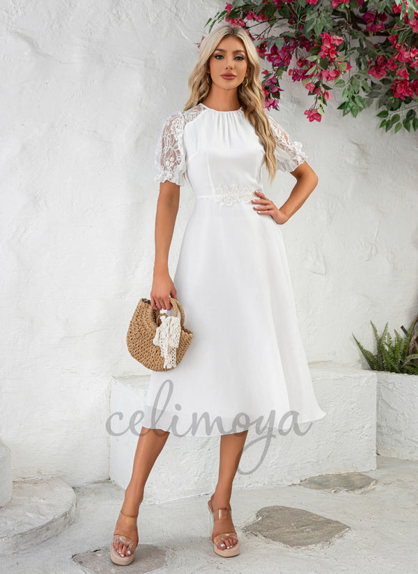Ruffle Scoop Elegant A-line Lace Polyester Midi Dresses - 301457