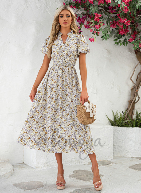 Floral Print V-Neck Vacation A-line Polyester Midi Dresses - 301465