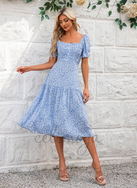 Ruffle Floral Print Square Vacation A-line Rayon Midi Dresses - 302020